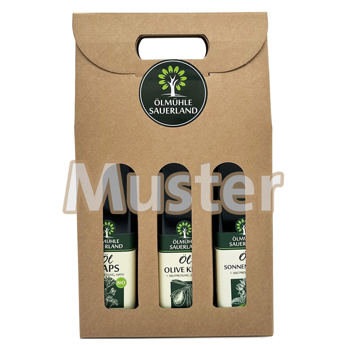 Geschenkkarton 3er 500 ml mit Griff - Standard mit Sticker Ölmühle Sauerland