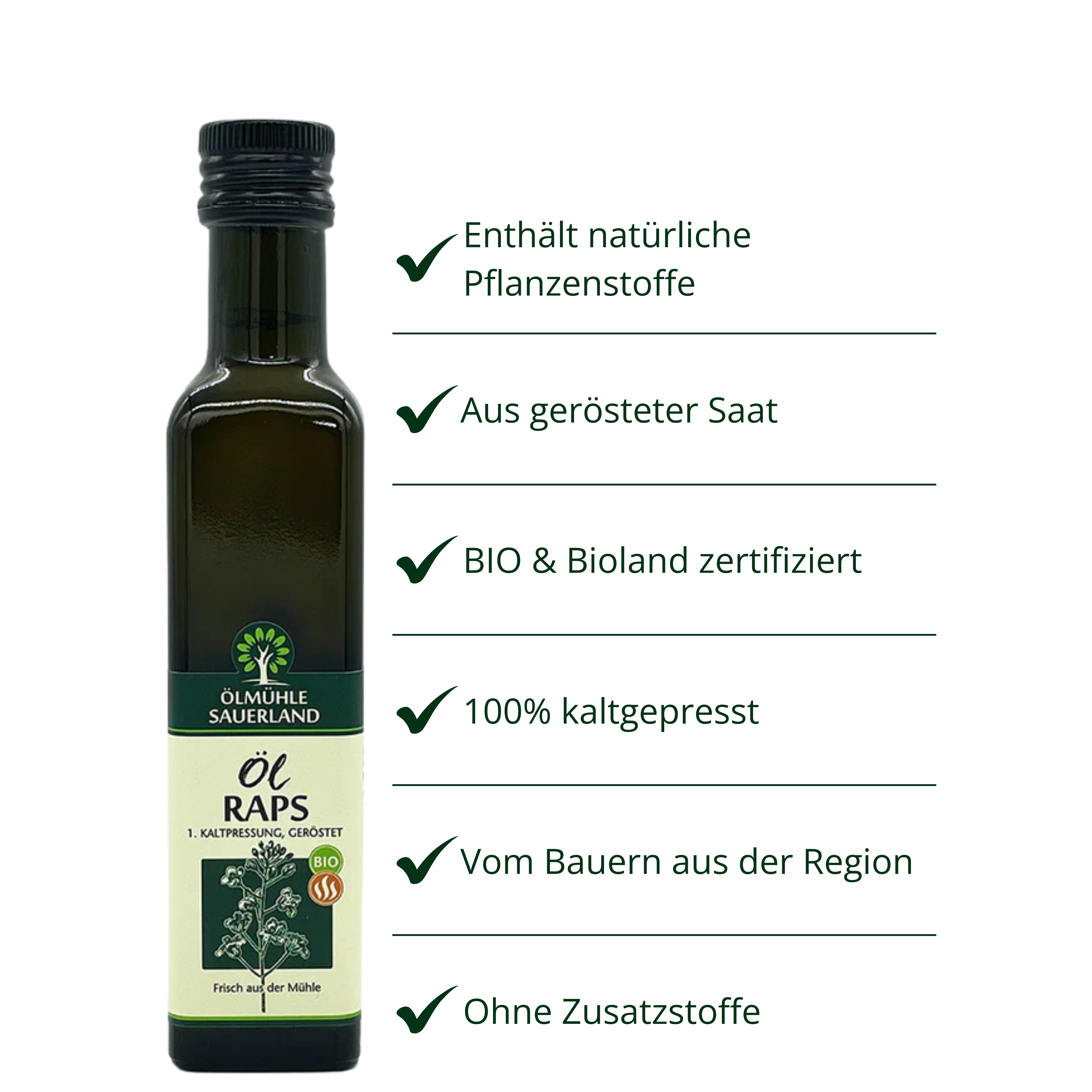 Rapsöl BIO kaltgepresst aus gerösteter Saat – Ölmühle Sauerland